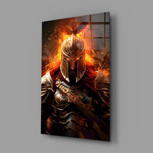 Spartan warrior in flames glass wall art on a gray wall, light reflecting off the glossy front