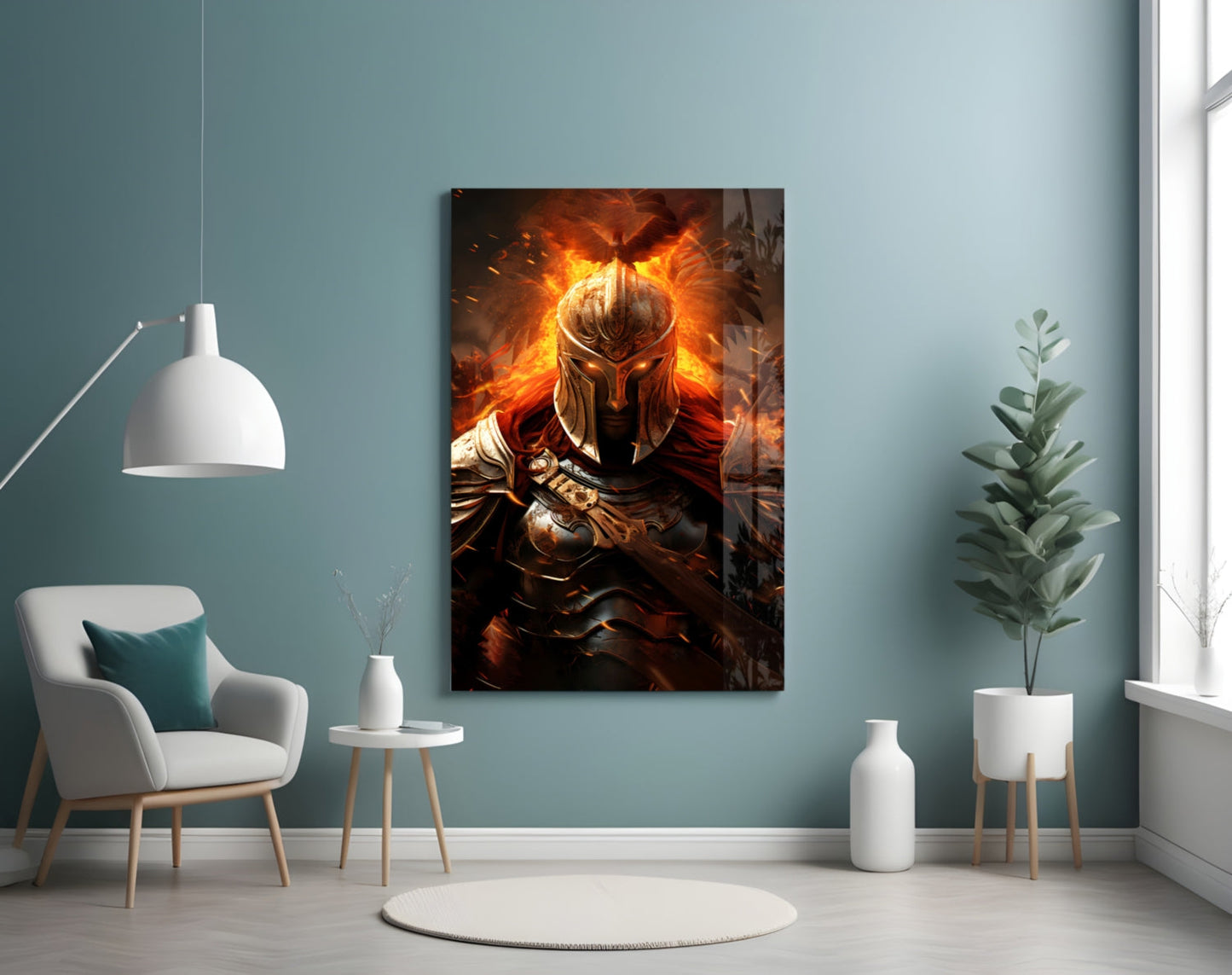 Golden Flame Warrior Glass Wall Art