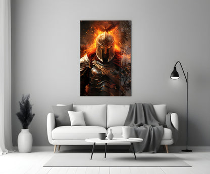 Golden Flame Warrior Glass Wall Art