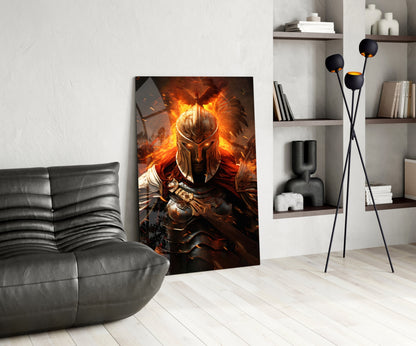 Golden Flame Warrior Glass Wall Art