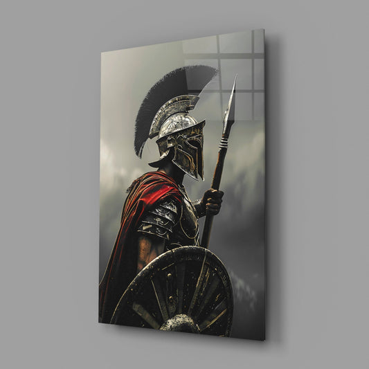Spartan in gray mist glass wall art on a gray backdrop with a soft shadow