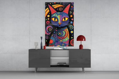 Rainbow Folk Night Cat Glass Wall Art
