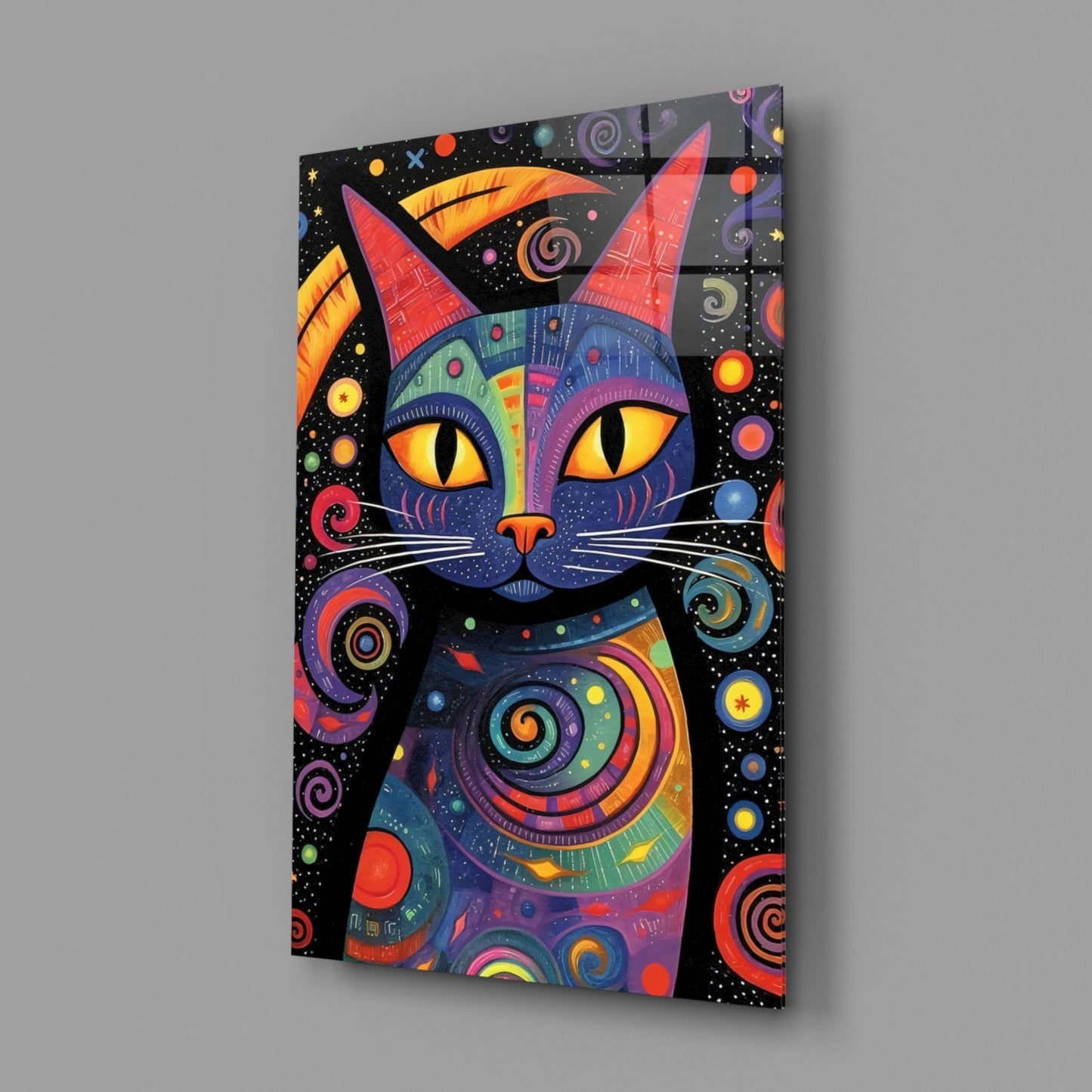 Rainbow Folk Night Cat Glass Wall Art