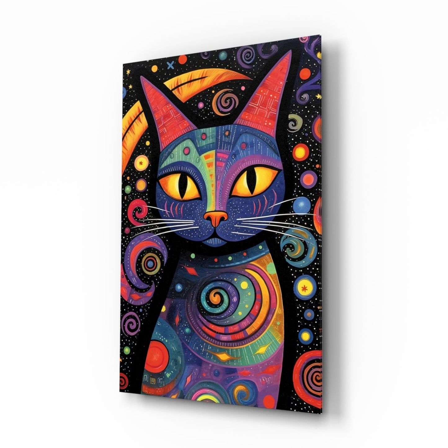 Rainbow Folk Night Cat Glass Wall Art
