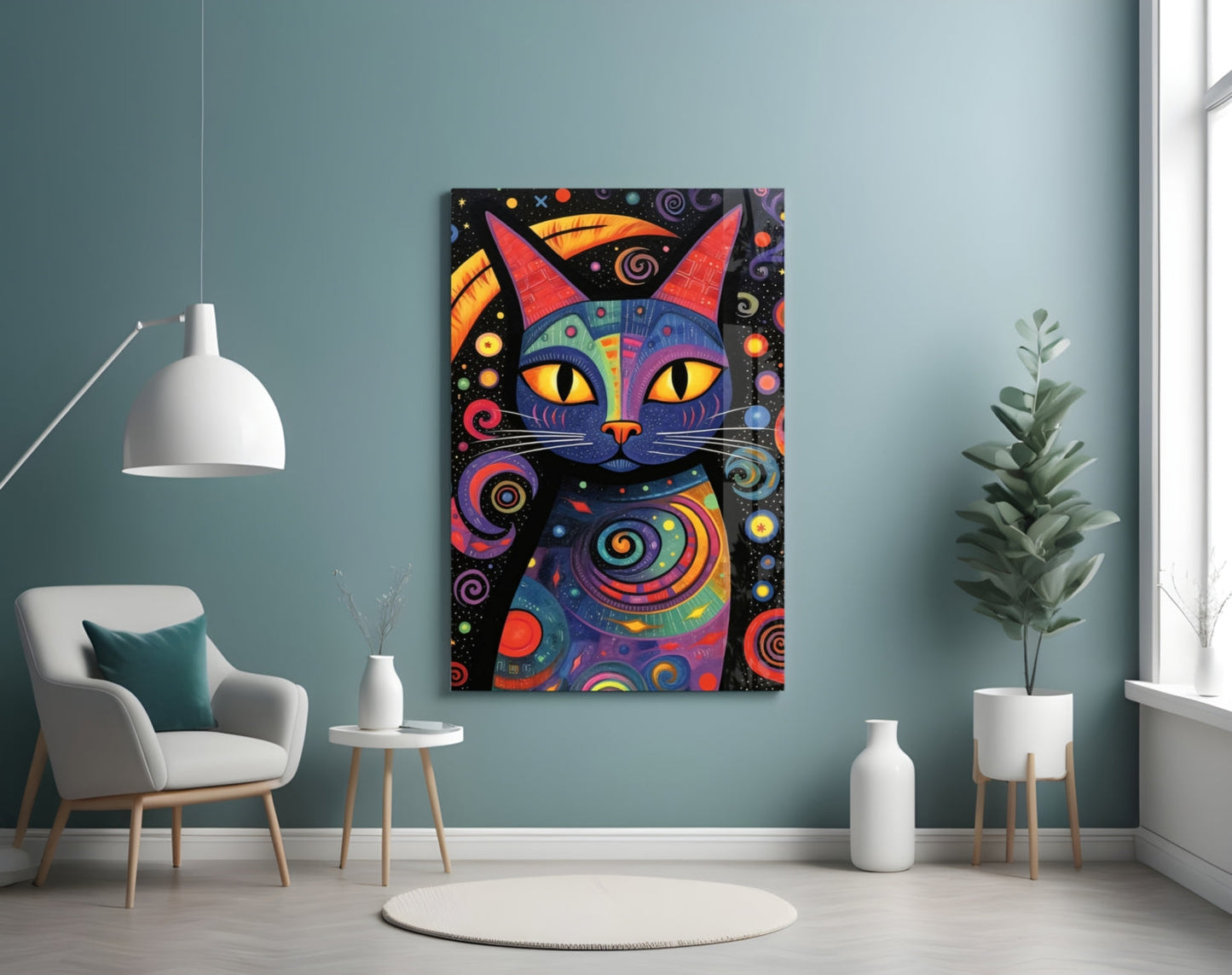 Rainbow Folk Night Cat Glass Wall Art