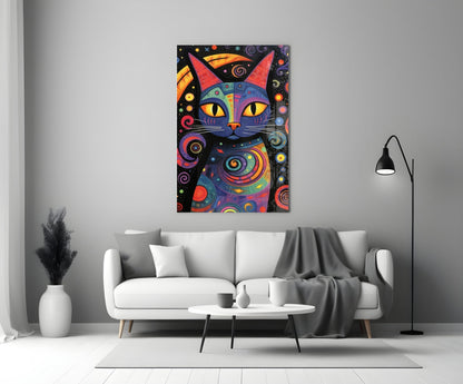 Rainbow Folk Night Cat Glass Wall Art
