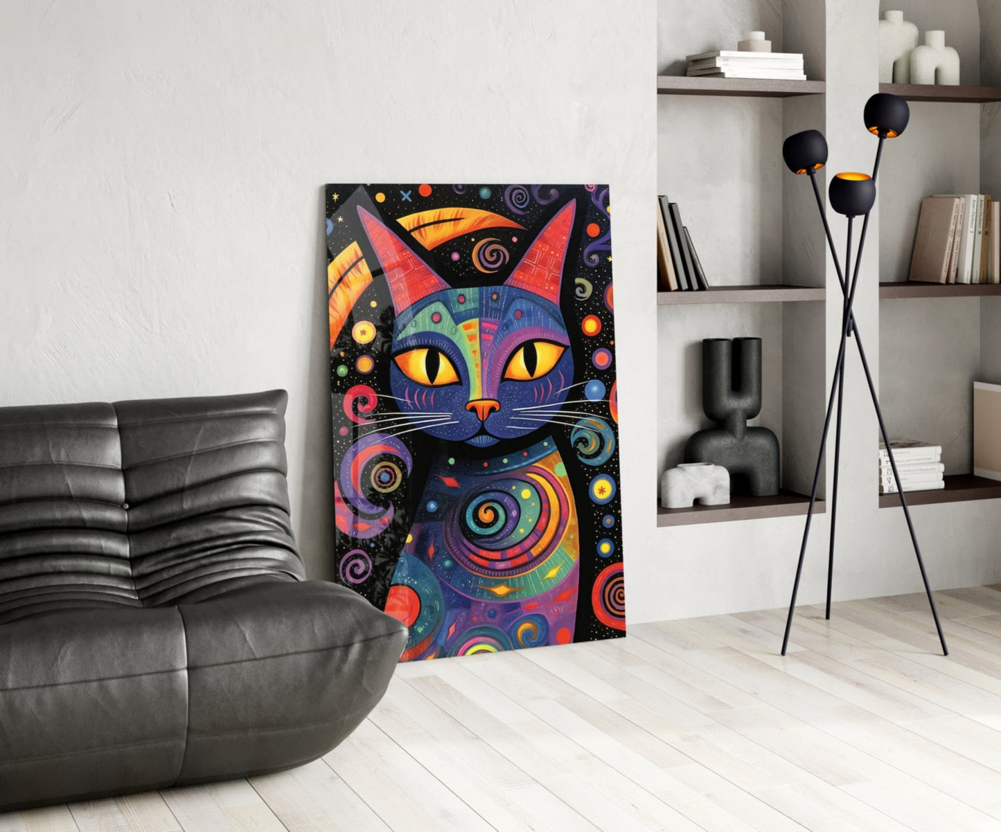 Rainbow Folk Night Cat Glass Wall Art