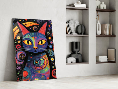 Rainbow Folk Night Cat Glass Wall Art