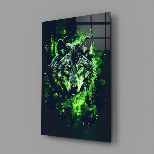 Forest splash wolf glass wall art on a gray wall, light reflecting off the glossy front