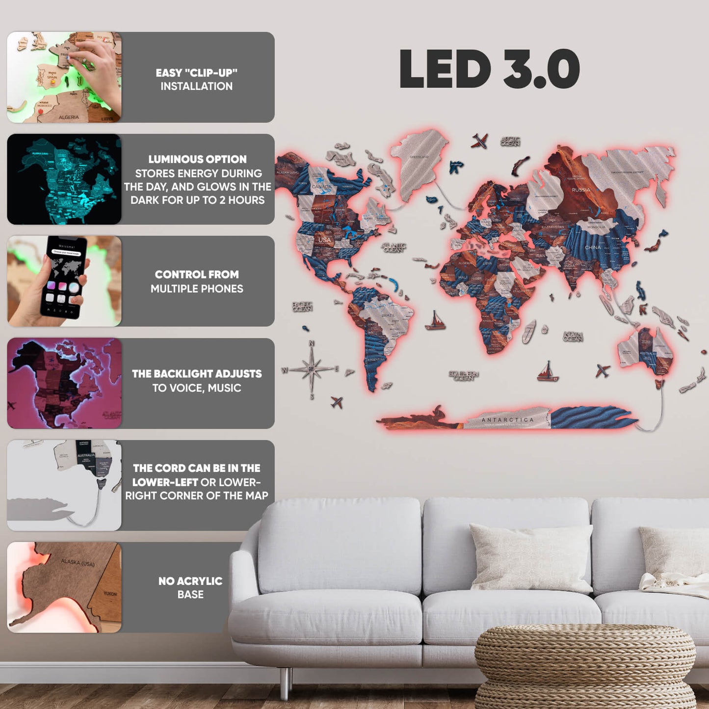 Luminous LED Wooden World Map Wall Art - Dune