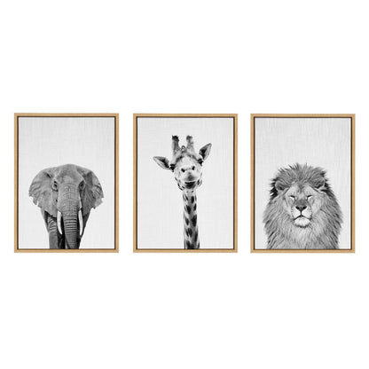 Sylvie Elephant Giraffe and Lion Framed Canvas by Simon Te of Tai Prints