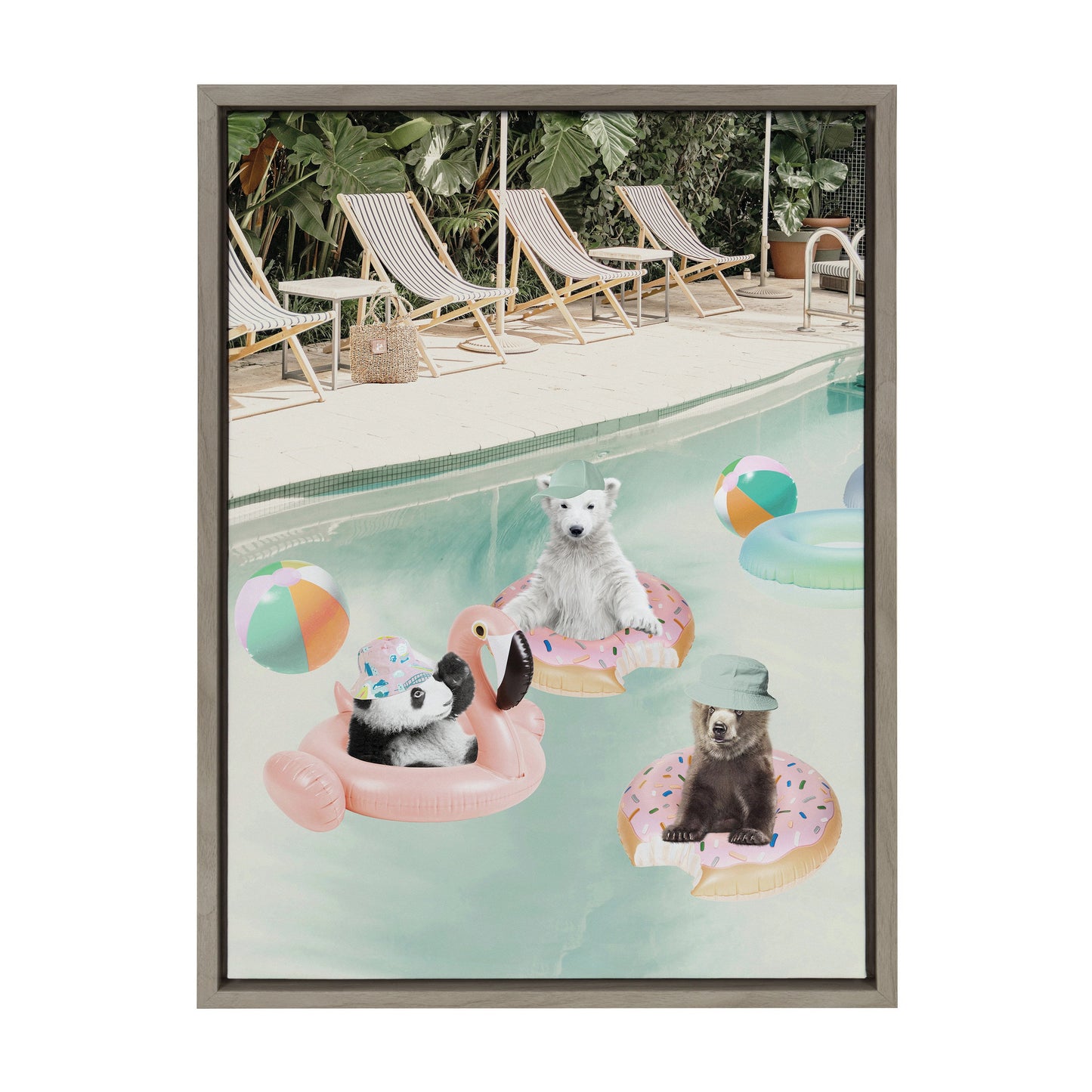 Pool Party Animals Whimsical Framed Canvas Wall Art