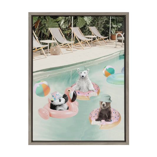 Pool Party Animals Whimsical Framed Canvas Wall Art