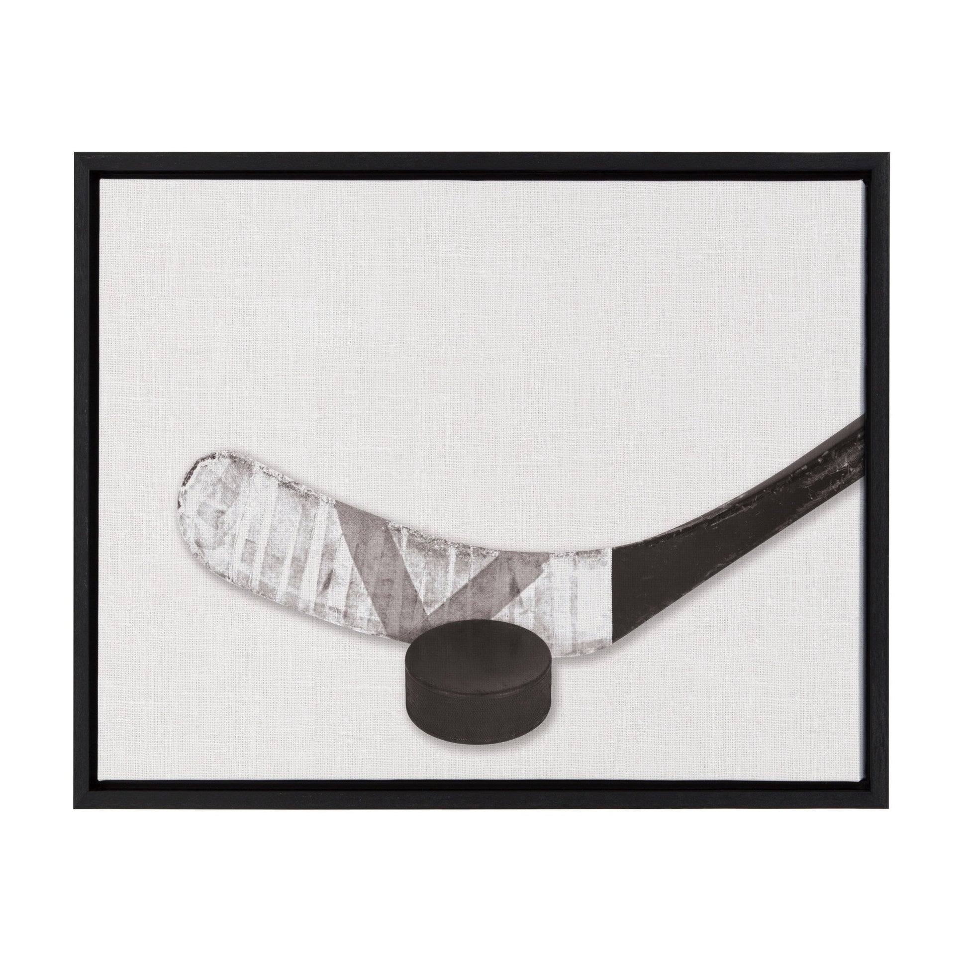 Horizontal hockey stick and puck framed canvas wall art in black frame, easy to hang