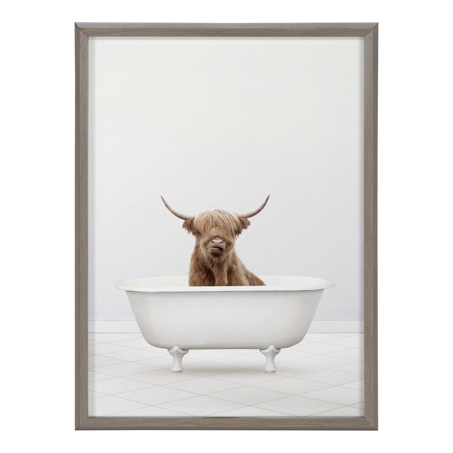 Highland Cow Solo Bathtub Framed Glass Wall Art