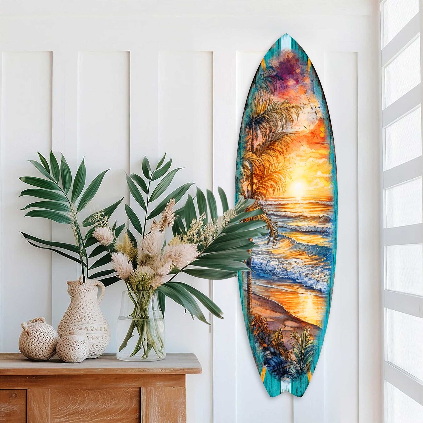 Golden Waves Surfboard Wood Wall Art, Coastal Decor