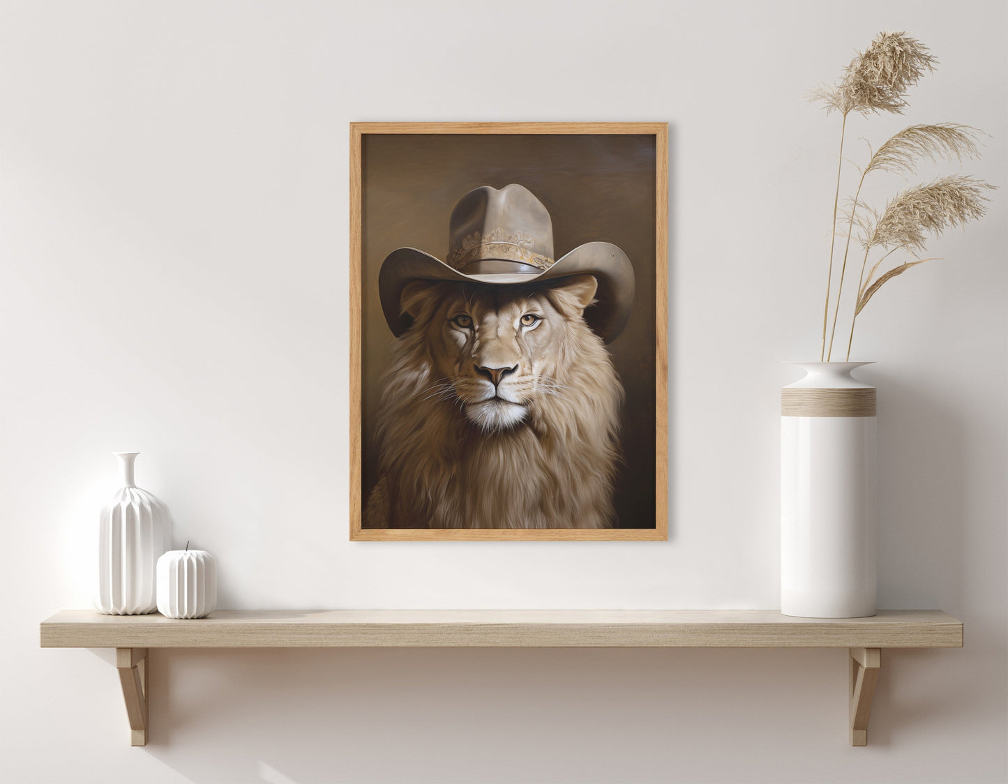 Lion Wearing a Western Cowboy Hat Framed Wall Art Print