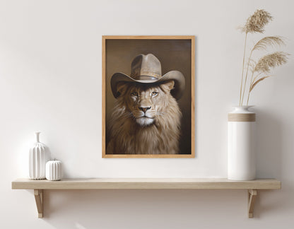 Lion Wearing a Western Cowboy Hat Framed Wall Art Print