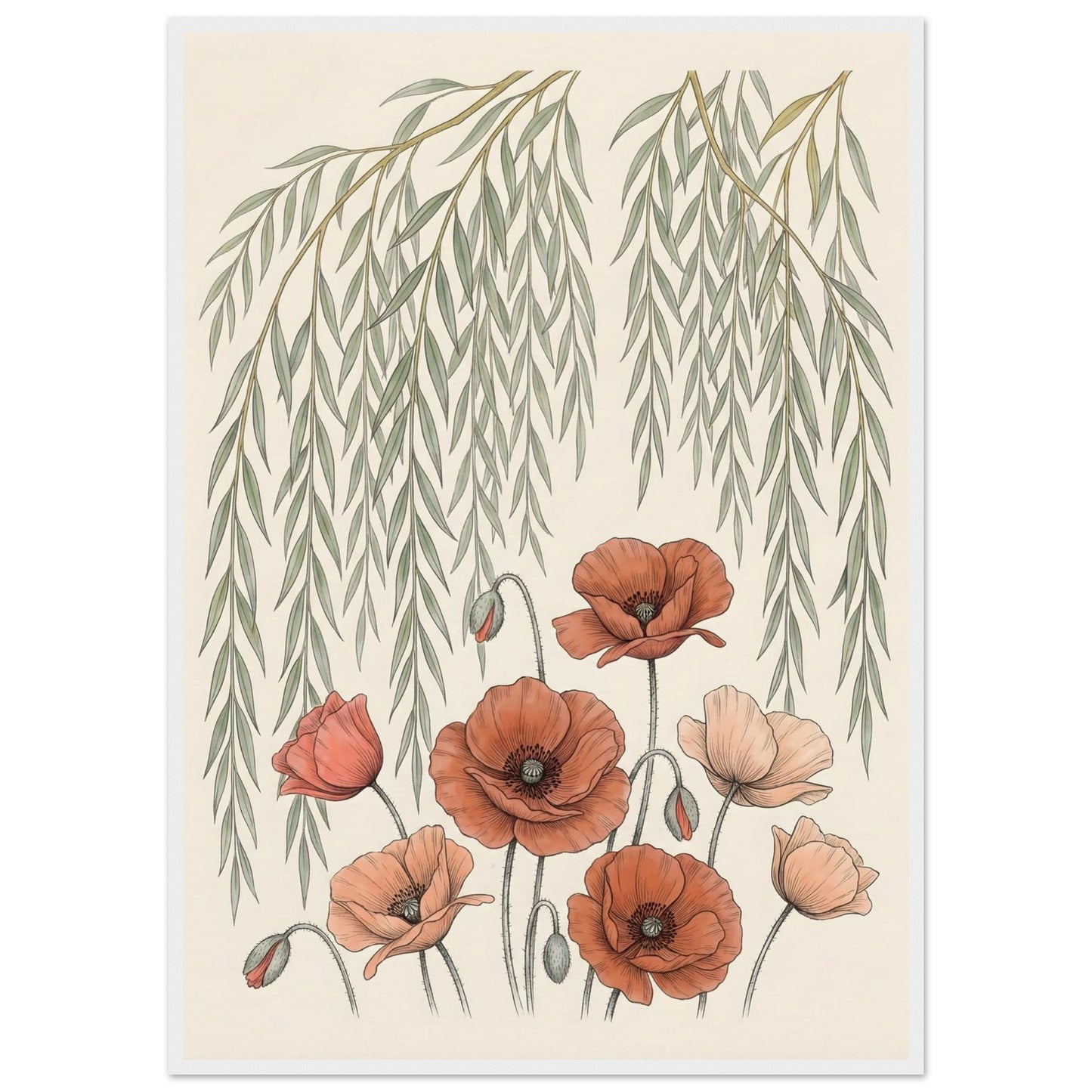 Willow Tree and Poppy Botanical 9th Anniversary Wall Art - A1 (59.4 x 84.1 cm) / Museum-Quality Matte Paper Wooden Framed Poster - White frame - Sparkycare