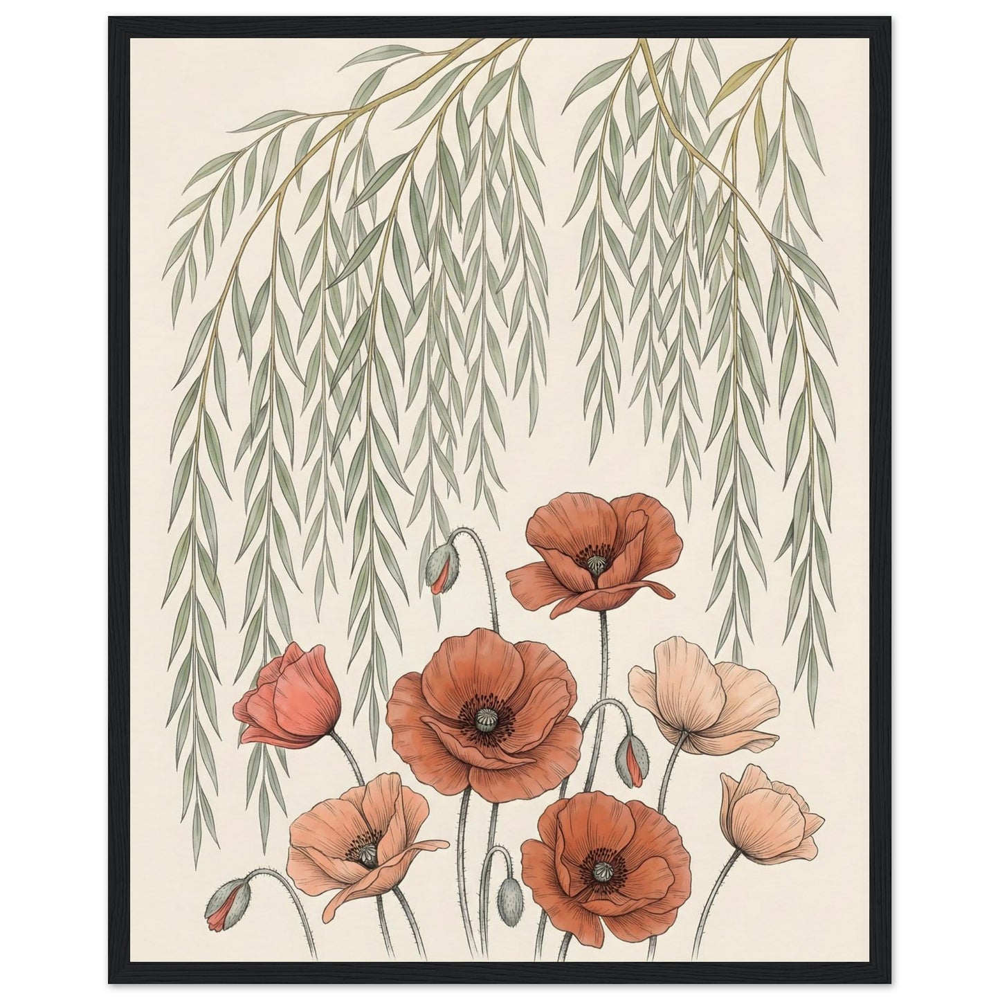 Willow Tree and Poppy Botanical 9th Anniversary Wall Art - 40x50 cm / 16x20″ / Museum-Quality Matte Paper Wooden Framed Poster - Black frame - Sparkycare
