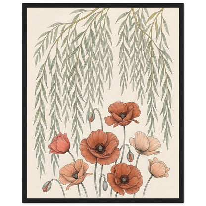Willow Tree and Poppy Botanical 9th Anniversary Wall Art - 40x50 cm / 16x20″ / Museum-Quality Matte Paper Wooden Framed Poster - Black frame - Sparkycare