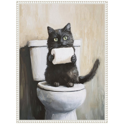 Mischievous Black Cat Bathroom Framed Canvas