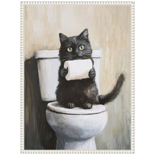 Mischievous Black Cat Bathroom Framed Canvas