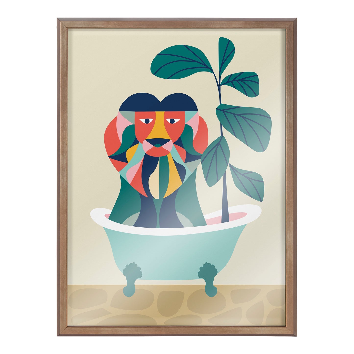 Mid Century Modern Lion in Bathtub Framed Glass Wall Art