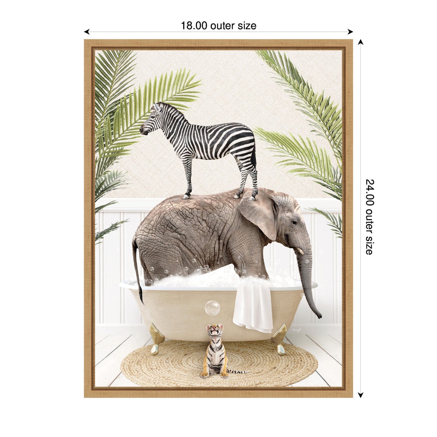 Safari Animals in Palm Bath Framed Canvas Wall Art