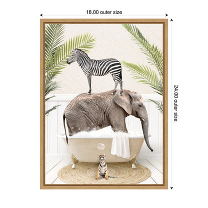 Safari Animals in Palm Bath Framed Canvas Wall Art