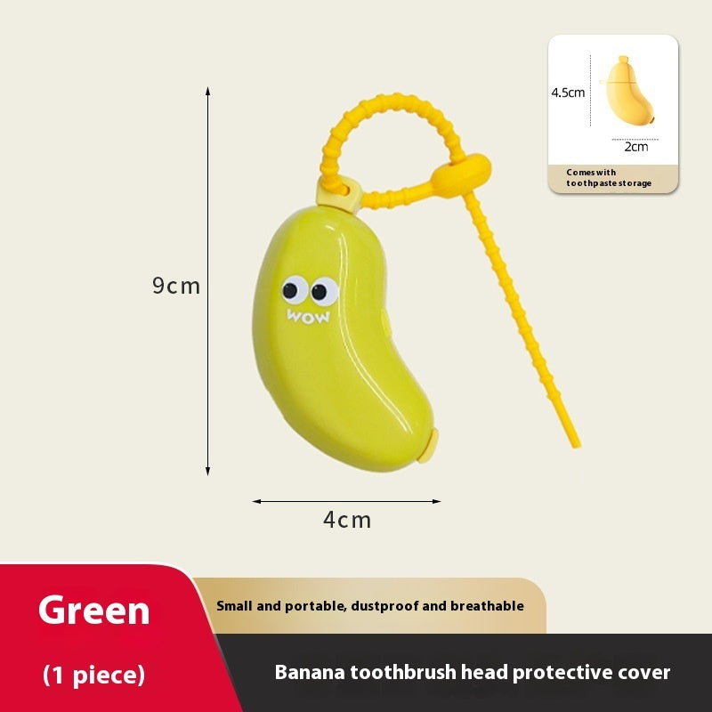 Green banana-shaped toothbrush head protective cover with measurements on a beige background