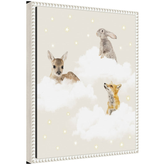 Fluffy clouds shaped like friendly animals, soft canvas wall art for nursery