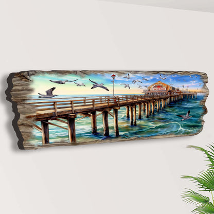 Pier Panorama Wood Wall Art - Coastal Seascape Decor