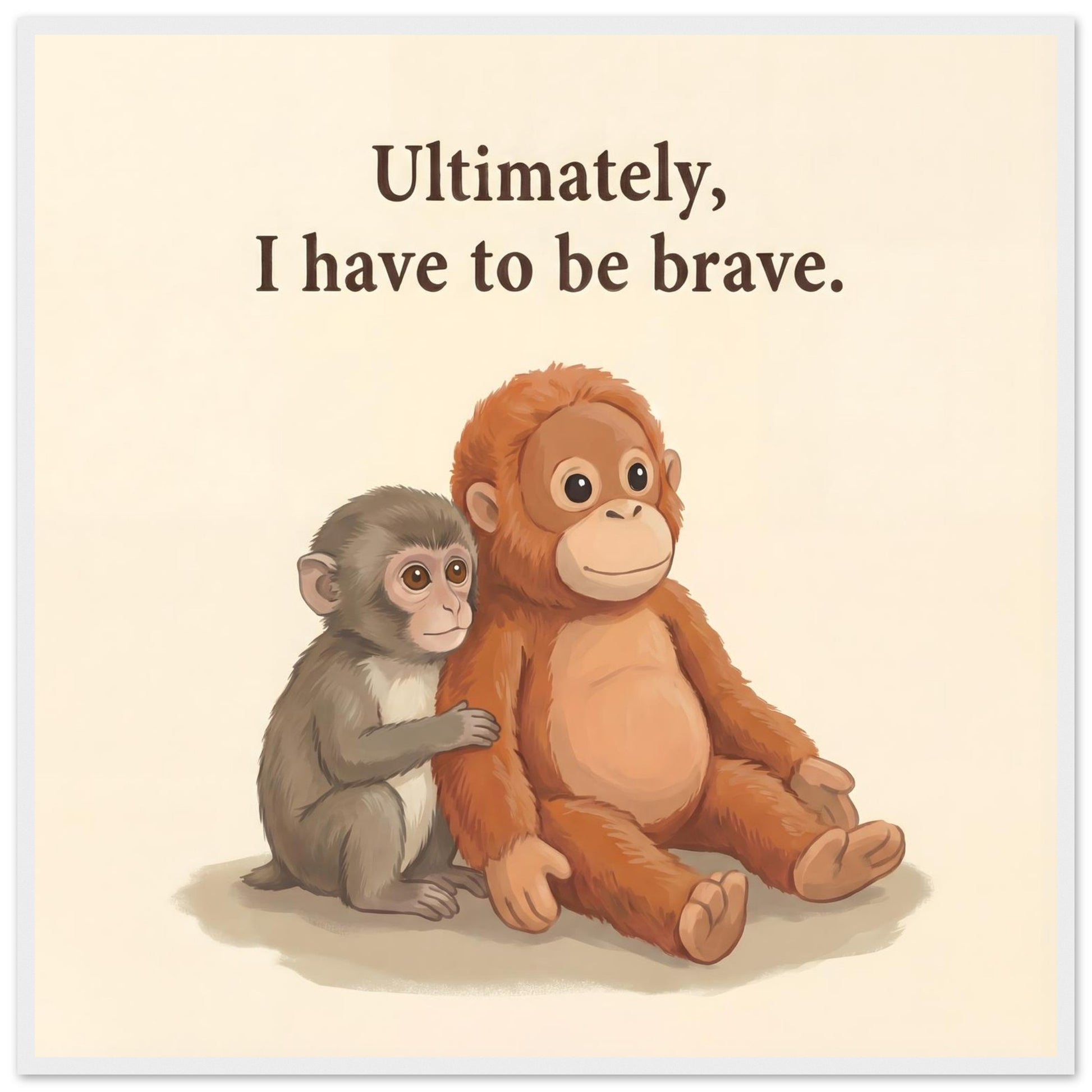 Baby Monkey "Be Brave" Framed Wall Art - 70x70 cm / 28x28″ - White frame / Ready-to-hang - Sparkycare