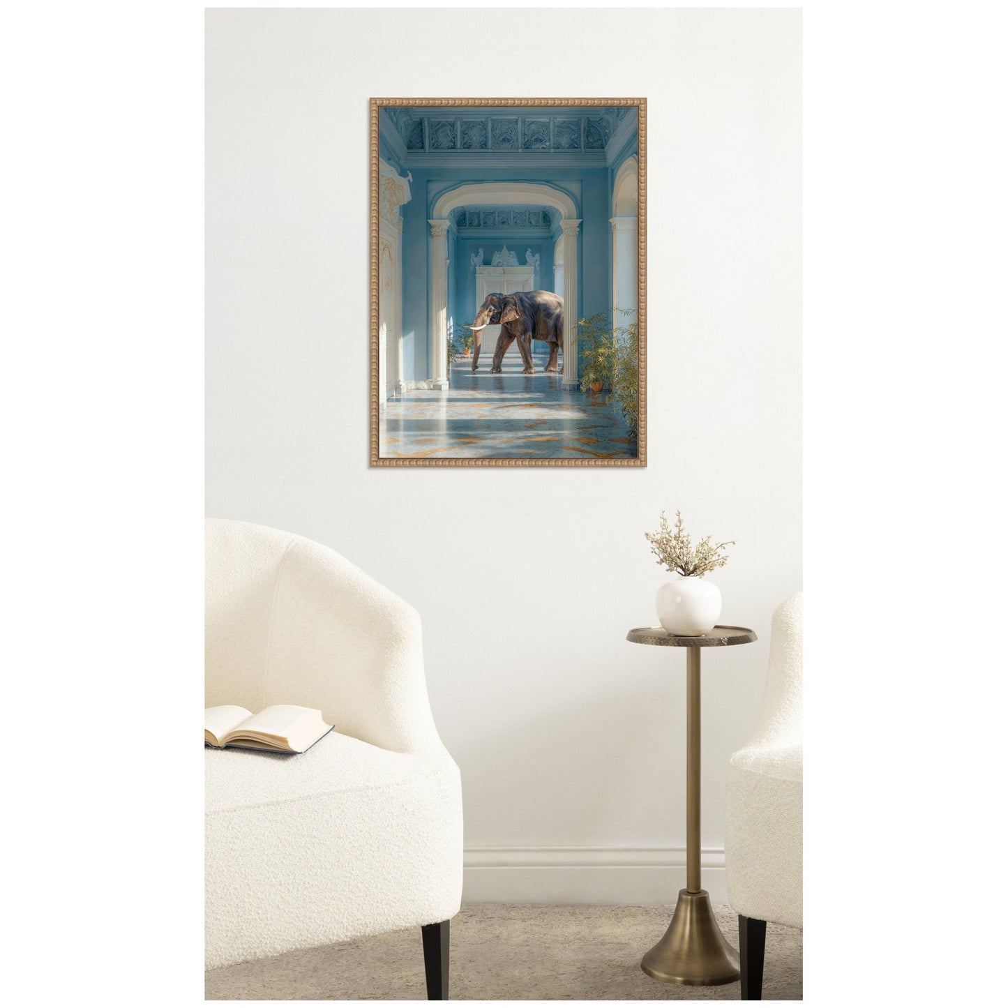 Elephant Strolling Through the Blue Wing Framed Canvas Wall Art