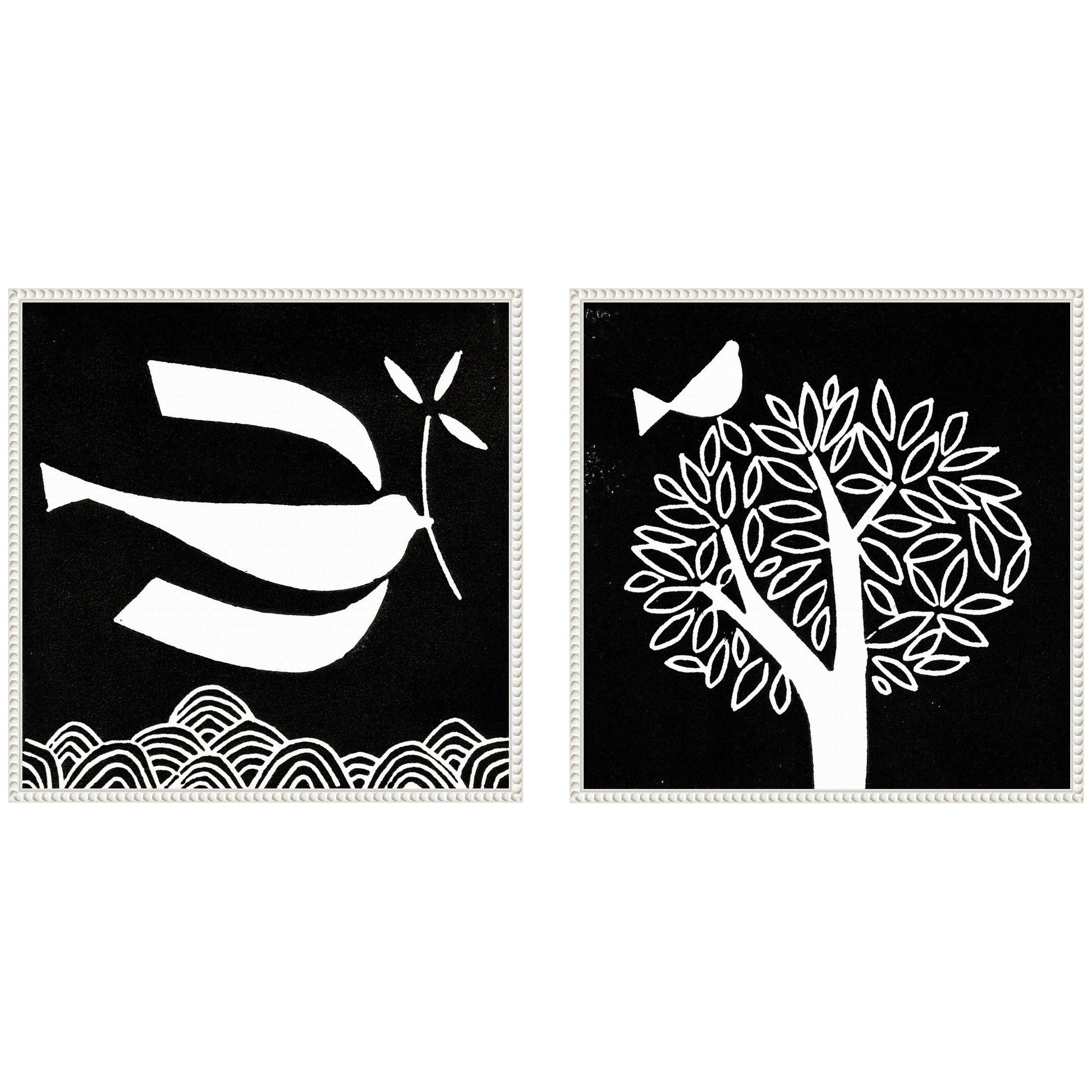 Black and white linocut birds framed canvas wall art set