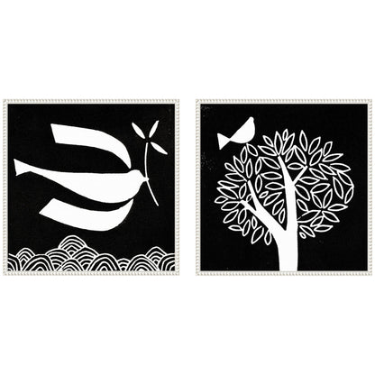 Black and white linocut birds framed canvas wall art set