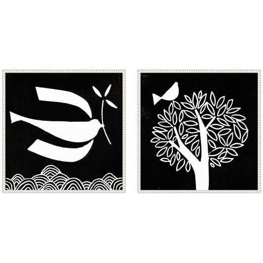 Black and white linocut birds framed canvas wall art set