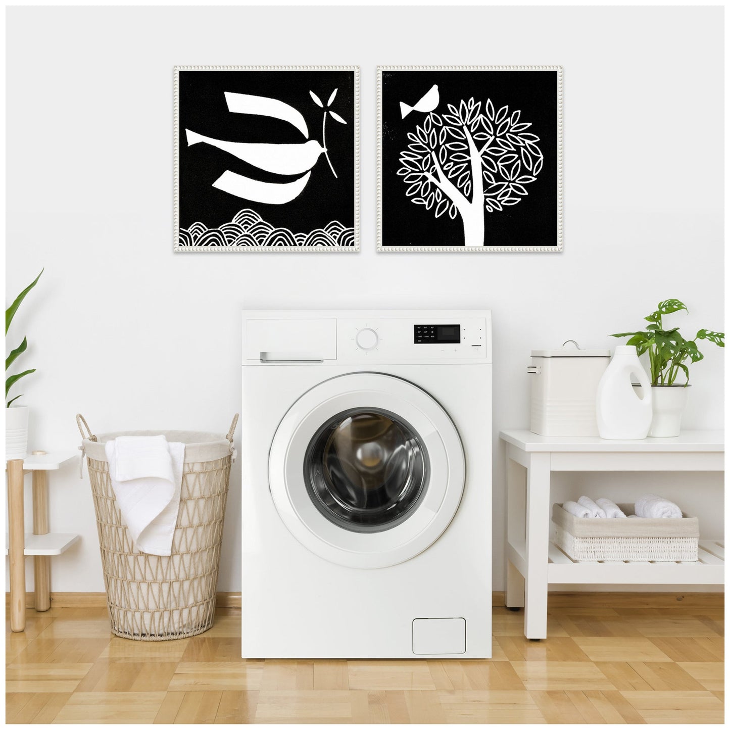 Black and White Linocut Birds Framed Canvas Art Set