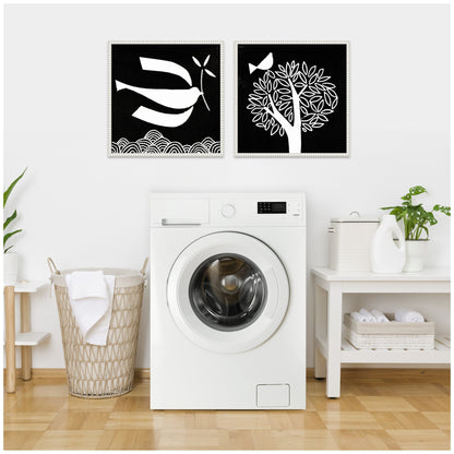 Black and White Linocut Birds Framed Canvas Art Set
