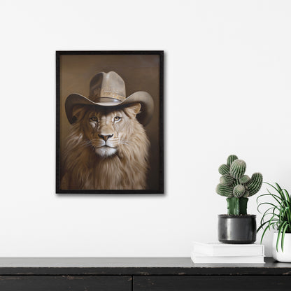 Lion Wearing a Western Cowboy Hat Framed Wall Art Print