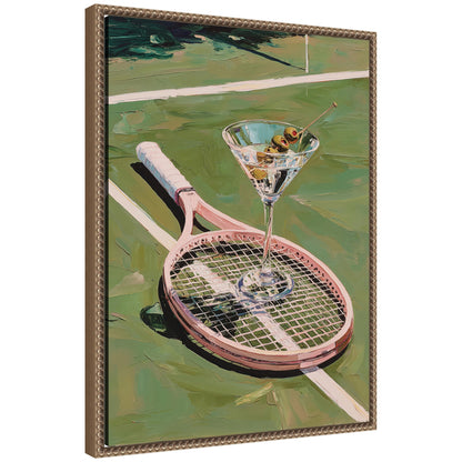 Whimsical tennis martini framed canvas wall art in a dark gold frame, ready to hang