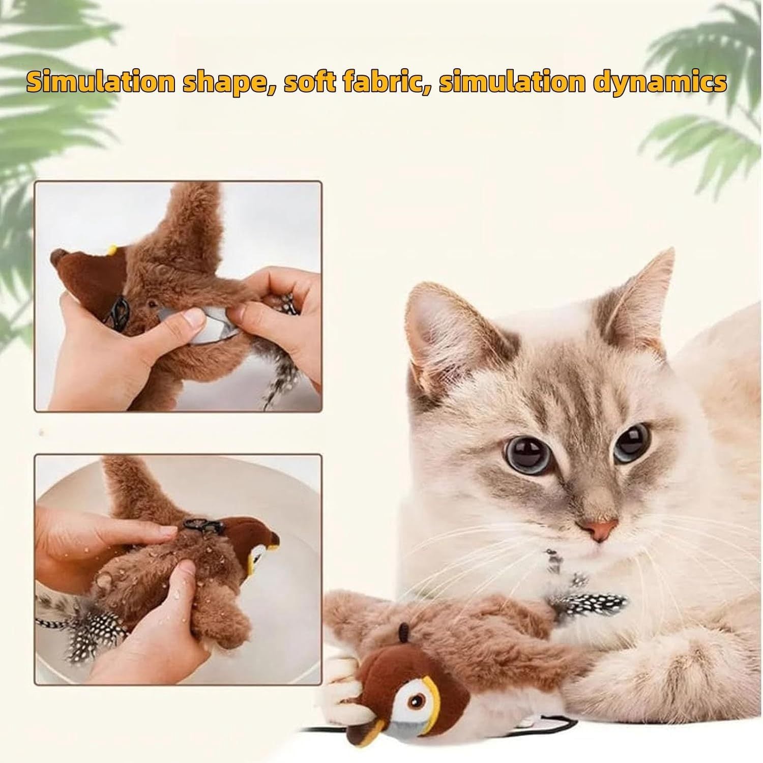 grey cat hugging flapping bird toy