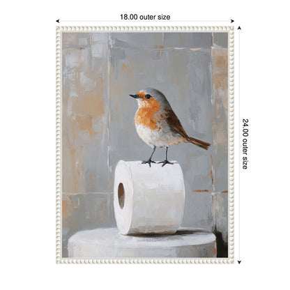 Sylvie Bird Standing on Toilet Paper Roll Toilet Bathroom Art Framed Canvas by The Creative Bunch Studio
