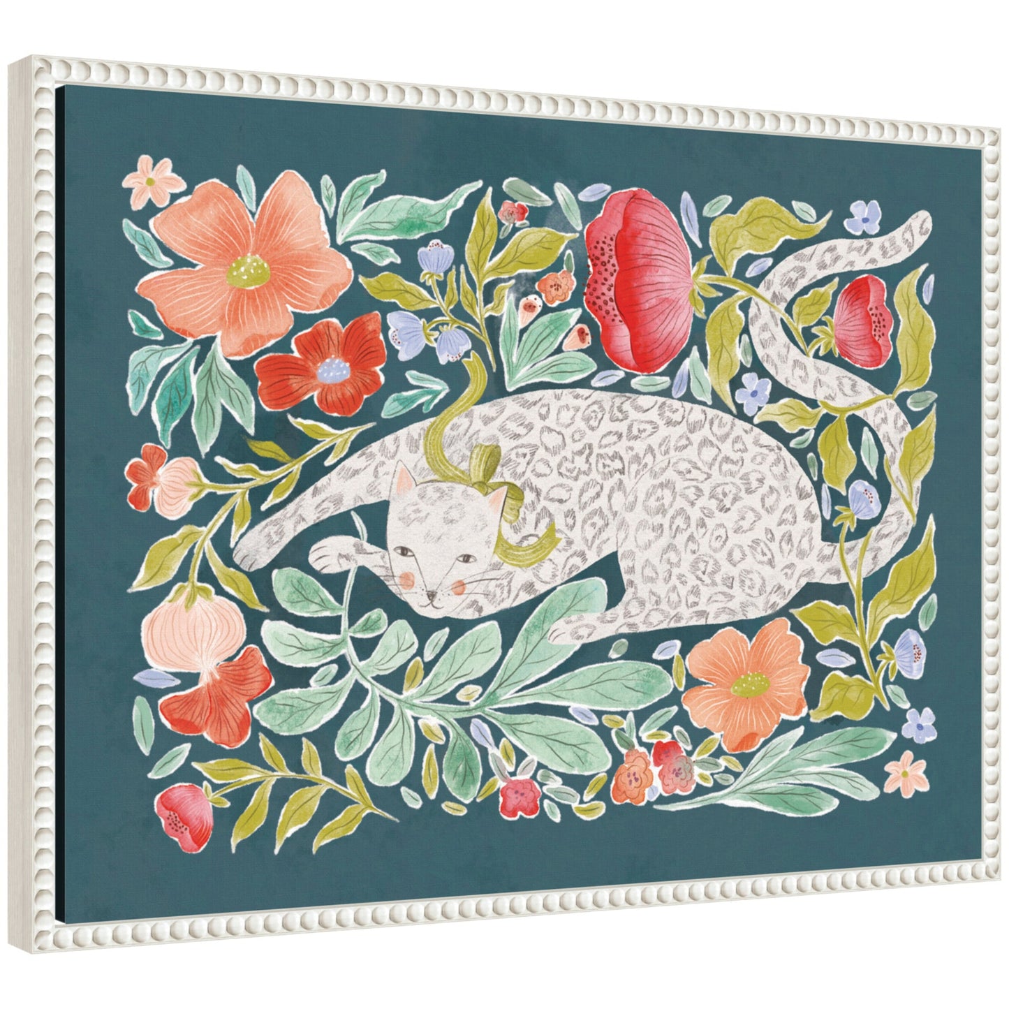 Floral cat framed canvas wall art