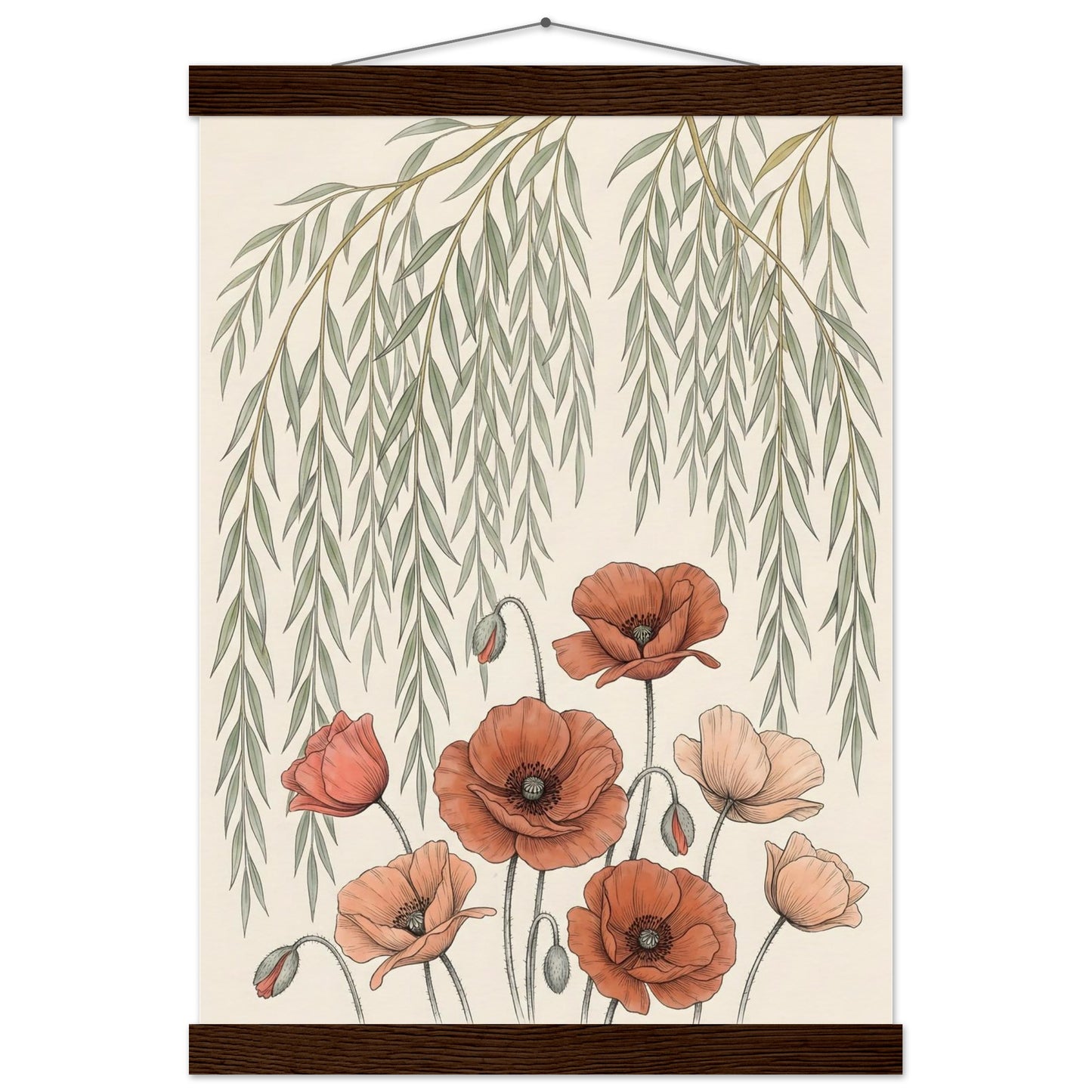 Willow Tree and Poppy Botanical 9th Anniversary Wall Art - A3 (29.7 x 42 cm) / Museum-Quality Matte Paper Poster with Hanger - Dark wood wall hanger - Sparkycare