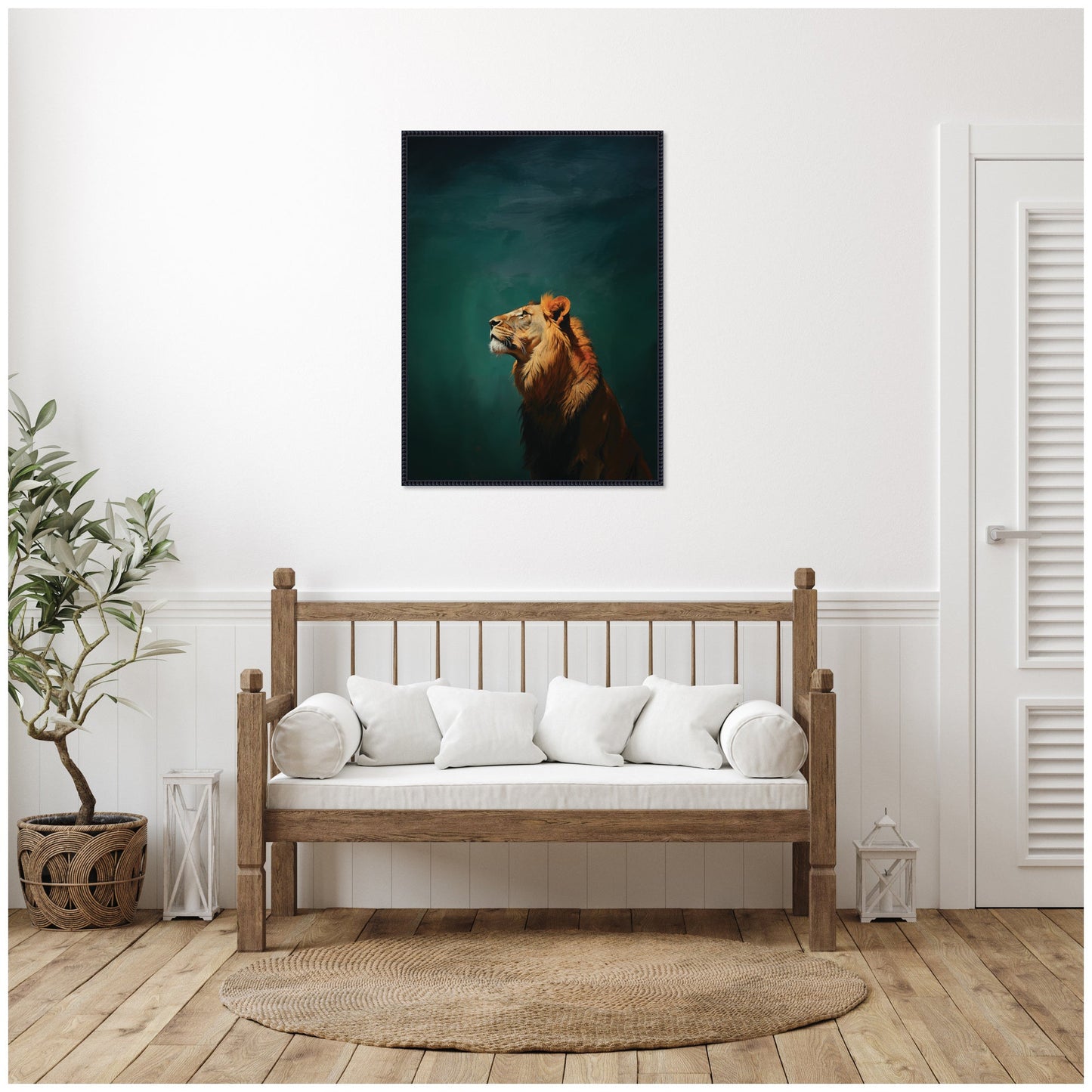 Lion on Tonal Blue Teal Abstract Framed Canvas Wall Art