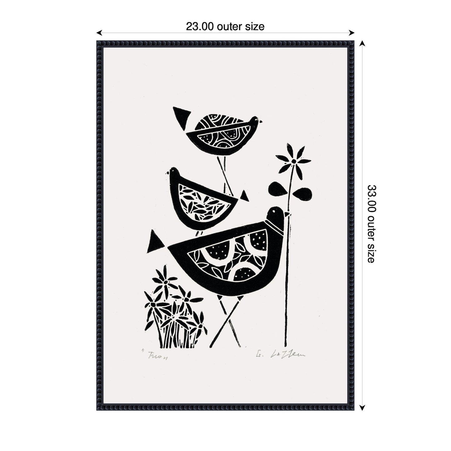 Folk Bird Family Trio Linocut Framed Canvas Wall Art