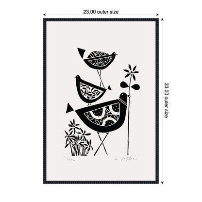 Folk Bird Family Trio Linocut Framed Canvas Wall Art