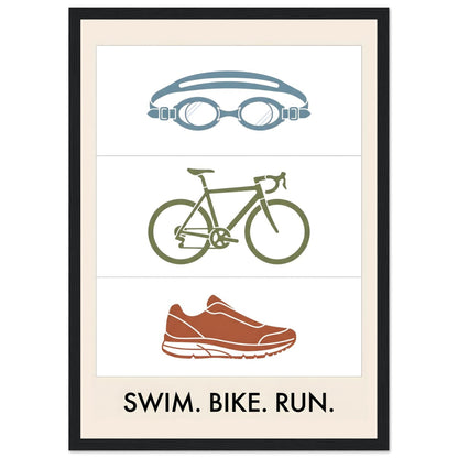 Swim Bike Run Poster: Minimalist Triathlon Icons Wall Art - A3 (29.7 x 42 cm) - Black frame / Ready-to-hang - Sparkycare